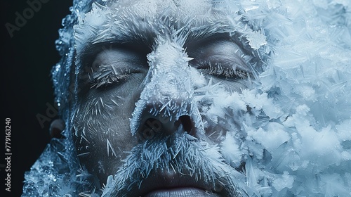 A portrait of a frozen dead man, ice clinging to his still form, a haunting image of life extinguished by the unforgiving cold, frozen in eternal sleep 