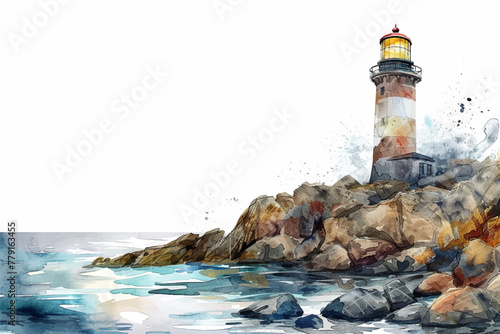 Watercolor lighthouse illustration. Lighthouse, sea and rocks on white background. Hand drawn artwork oil painting Vector Illustration