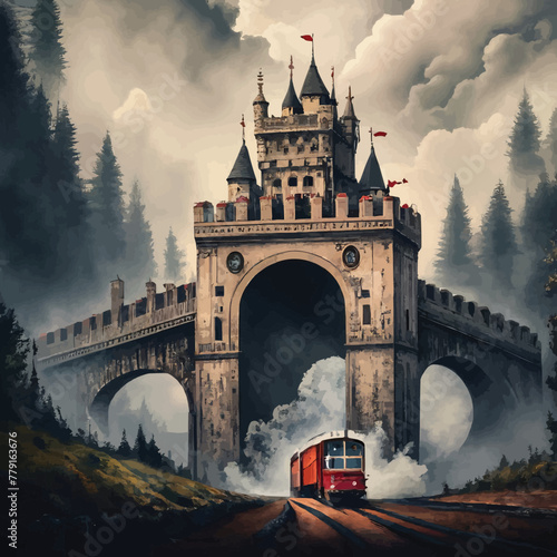 Castel painting train cinematic vector customized art
