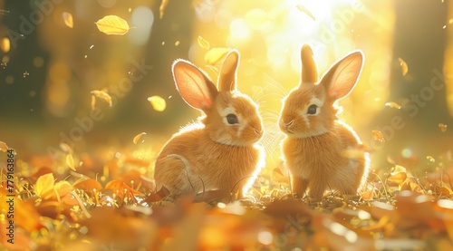 Two rabbits resting in a field of daisies