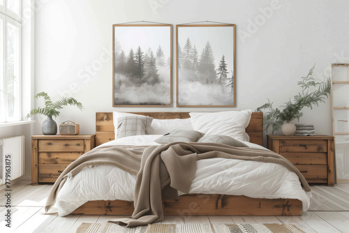 Serene Bedroom with Nature Art. Cozy bedroom with wooden furniture and nature artwork.