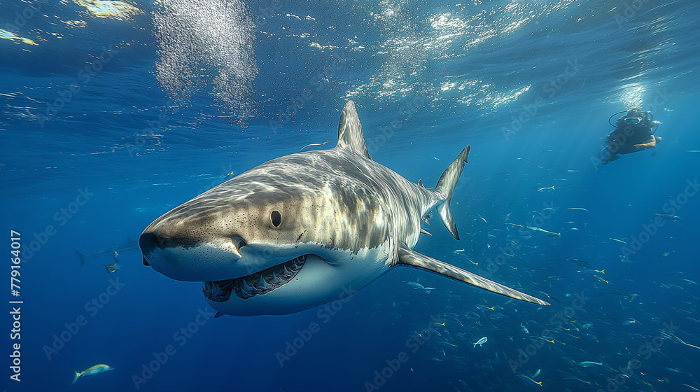 Fototapeta premium Daring Encounter: A brave scuba diver glides effortlessly through the crystal-clear waters, coming face to face with a majestic shark. With a mixture of awe and respect, the diver
