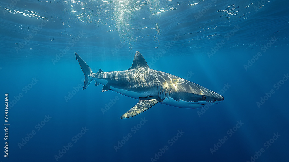 Naklejka premium Oceanic Encounter: With a sense of awe and wonder, a scuba diver marvels at the sight of a majestic shark gliding gracefully through the azure waters. In this fleeting moment of sh