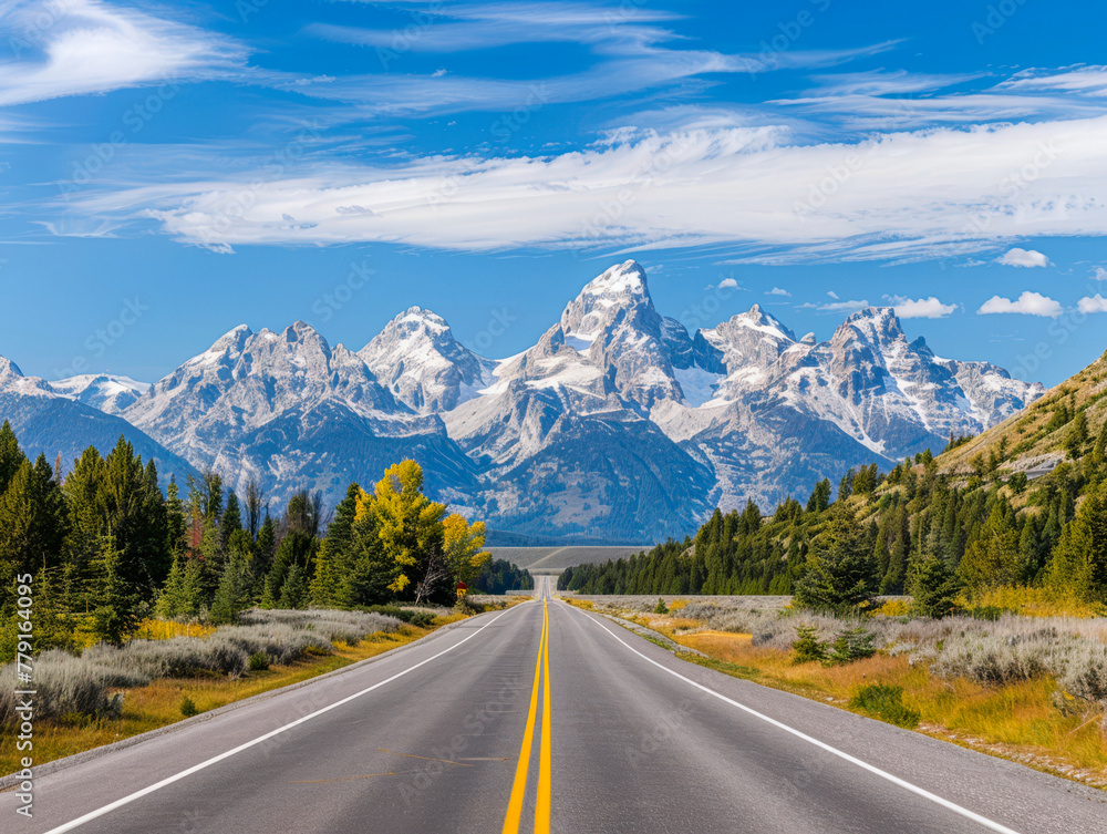 USA, Wyoming, Grand Teton National Park, Teton Range, Cathedral Group, Teewinot Mountain, Grand Teton and Mount Owen with road USA, Wyoming, Grand Teton National Park, Teton Range, Cathedral Group, Teewinot Mountain, Grand Teton and Mount Owen with road