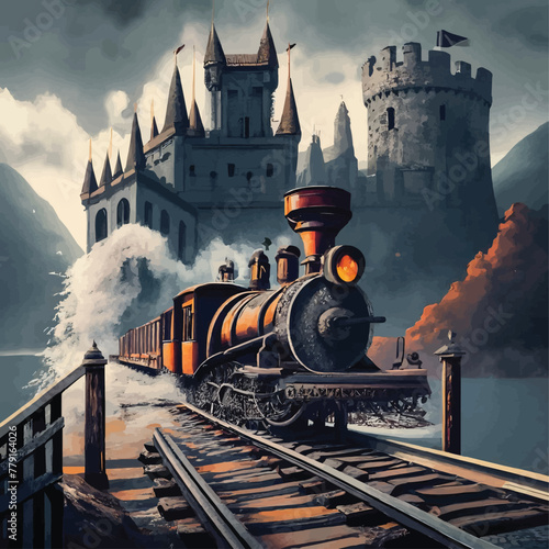 Castel painting train cinematic vector customized art