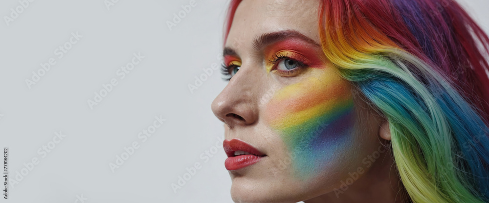 Close-up of a colorful rainbow woman head isolated on panoramic white background with copy-space, colors vision, web banner and gay LGBTQ pride concept 