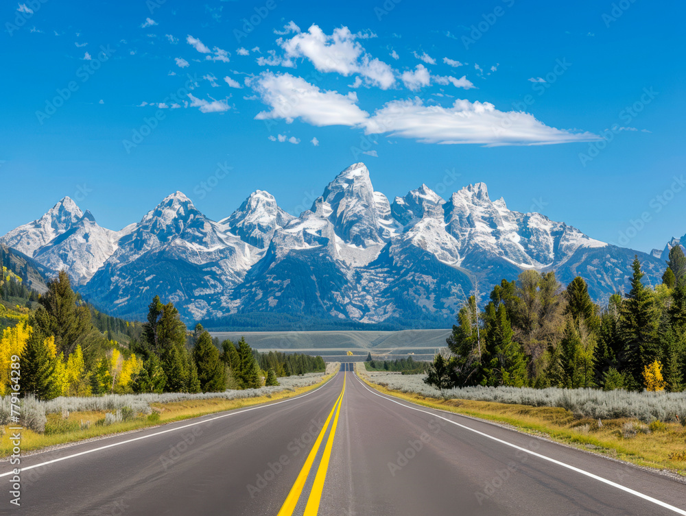 Fototapeta premium USA, Wyoming, Grand Teton National Park, Teton Range, Cathedral Group, Teewinot Mountain, Grand Teton and Mount Owen with road