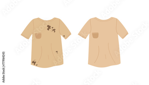 Dirty and clean T-shirts. Clothes stained with dirt and clean washed clothes. Clothes with stains. Caring for clothes. Vector illustration isolated on white background.