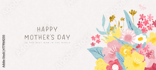 Happy Mother's Day,to the best mom in the world. Beautiful floral banner with hand drawn flowers and modern grainy texture. Poster, invitation, postcard. Vector illustration photo