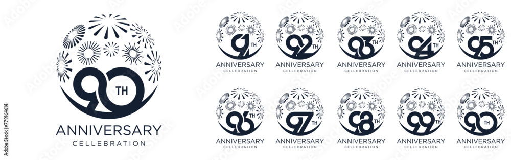 set of 90 to 99th anniversary logotype design, with black color fireworks for celebration event, wedding, and birthday, vector illustration
