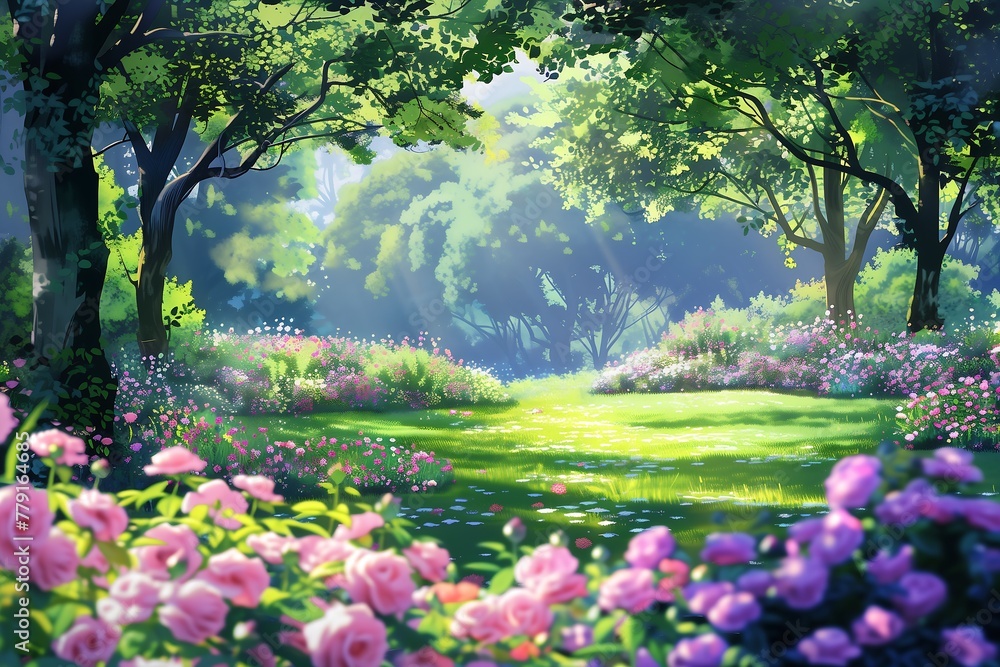 A sparkling flower garden with rays of light emanating from it surrounding green trees
