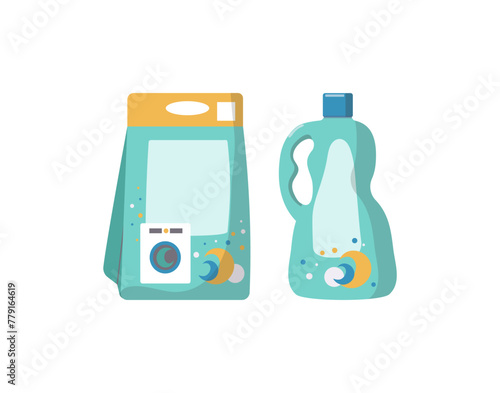 Set of detergents for washing clothes in the washing machine. Bag and bottle with household chemicals. Vector illustration, white isolated background.