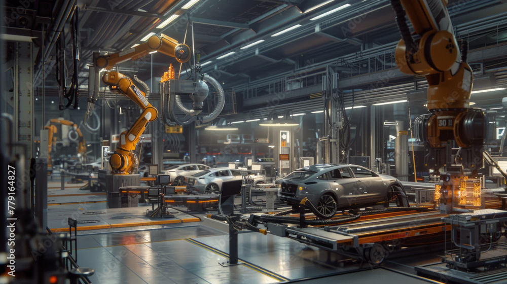 A busy automotive assembly plant with robotic arms, conveyor belts, and quality control stations, currently empty but poised to manufacture vehicles with precision