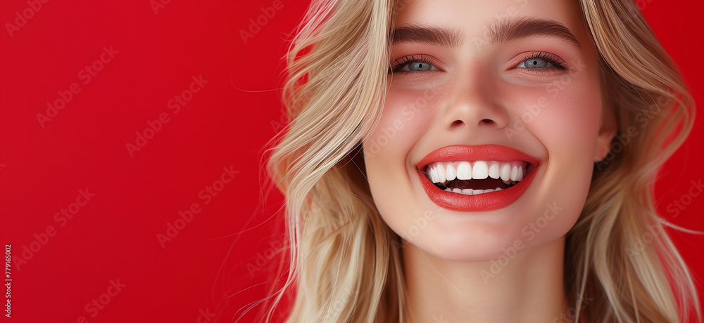 Smiling cute girl with beautiful teeth. concept poster background. Snow-white smile, healthy, straight, white teeth. Horizontal banner. Bitmap raster photo style digital illustrastion. AI artwork. Smiling cute girl with beautiful teeth. concept poster background. Snow-white smile, healthy, straight, white teeth. Horizontal banner. Bitmap raster photo style digital illustrastion. AI artwork.