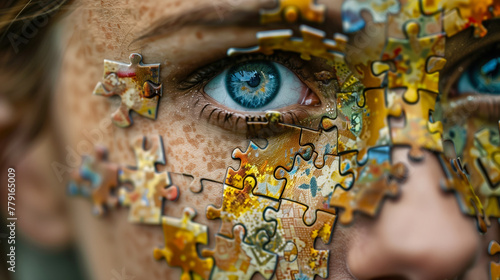 Portrait of a beautiful girl with puzzle pieces on her face. A fashionable artistic portrait. The concept of fashionable style. The face of a blue-eyed girl with freckles, decorated with puzzles