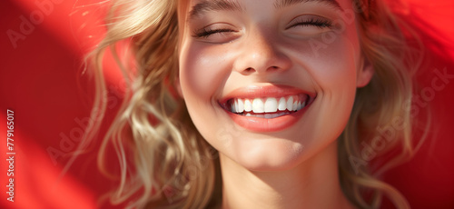 Smiling cute girl with beautiful teeth. concept poster background. Snow-white smile, healthy, straight, white teeth. Horizontal banner. Bitmap raster photo style digital illustrastion. AI artwork.