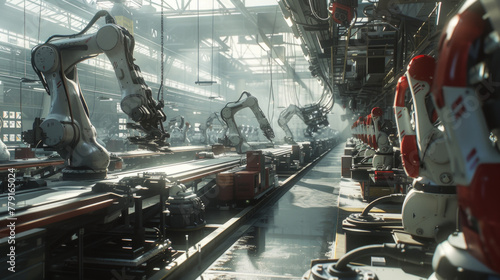 A busy automotive assembly plant with robotic arms, conveyor belts, and quality control stations, currently empty but poised to manufacture vehicles with precision