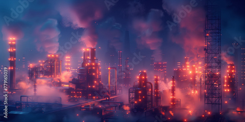 Night factory concept poster background. Night plant with pipes and towers with lights. Oil refineries and the petroleum industry. Heavy industry. Raster digital illustration photo style. AI artwork. photo