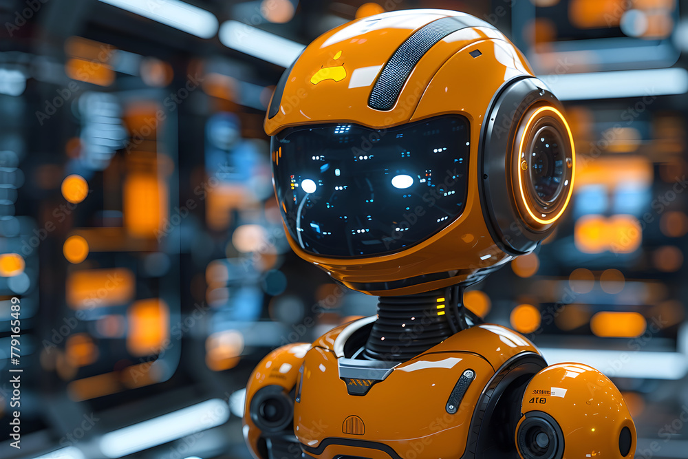 A 3D animated cartoon render of an alert cybersecurity robot scanning for threats in a digital landscape.