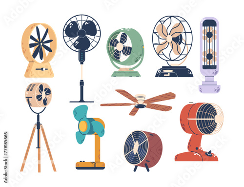 Electric Fans Set. Home And Office Air Blower With Blades. Cooling Floor And Desktop Machine. Ceiling Mounting
