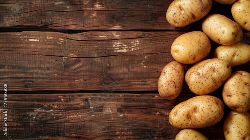 Potato vegetable laying on wooden table cooking recipe banner background
