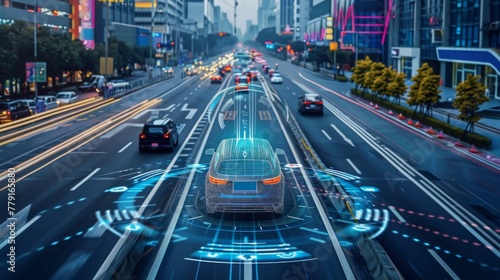 Autonomous Vehicle Navigating Busy City Street at Dusk