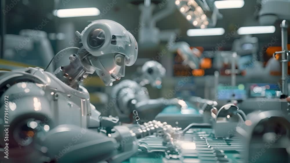 High-tech medical facility with robotic surgeons performing a complex operation, futuristic medical equipment High-tech medical facility with robotic surgeons performing a complex operation, futuristic medical equipment