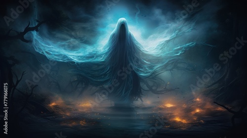 A ethereal being with long flowing hair stands in a dark forest  surrounded by blue and orange glowing flames.
