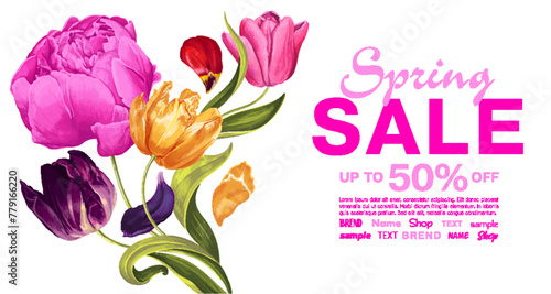 Spring sale banner template with tulip flowers and pink peony. Background with colorful tulips in a bouquet. Vector, realistic style. Spring discount, poster, advertisement, online promotion template.