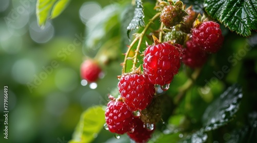 Raspberries, ripe and red, cling to a garden bush, enhanced by water droplets, showcasing the sweet and abundant harvest of this thriving plant. photo