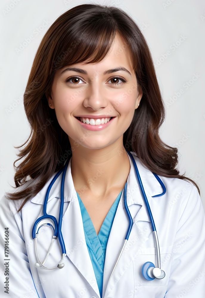 Portrait of beautiful cute cheerful doctor, smiling looking at camera, white background.
Portrait of beautiful cute cheerful doctor, smiling looking at camera, white background.