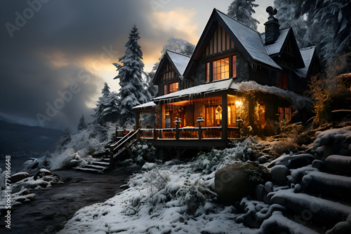 Beautiful winter landscape with wooden house in mountains at night. Christmas background