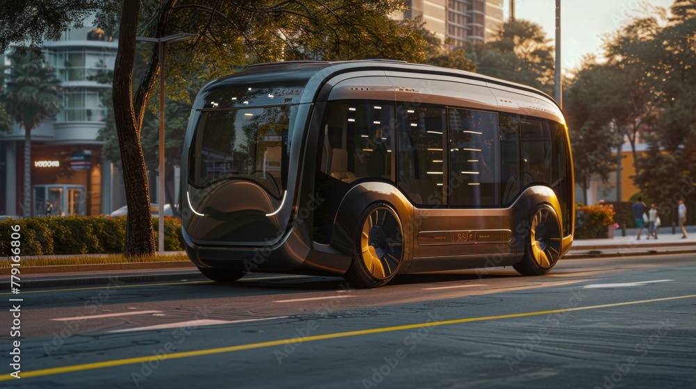 Autonomous Bus Driving at Sunset on City Street