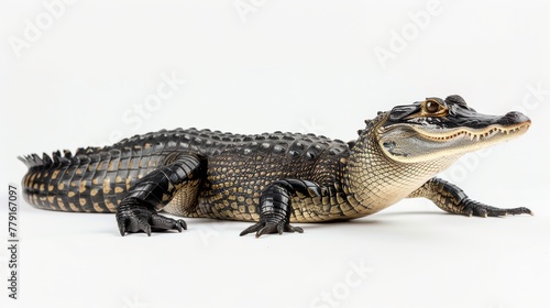 side view portrait of a Crocodylus moreletii, full body from head to tail, hyperrealistic, white background 