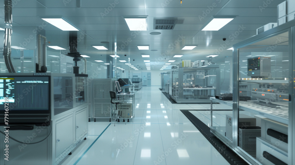 An advanced semiconductor fabrication plant with cleanrooms, wafer processing equipment, and automated material handling systems, momentarily idle but ready to produce computer chips An advanced semiconductor fabrication plant with cleanrooms, wafer processing equipment, and automated material handling systems, momentarily idle but ready to produce computer chips