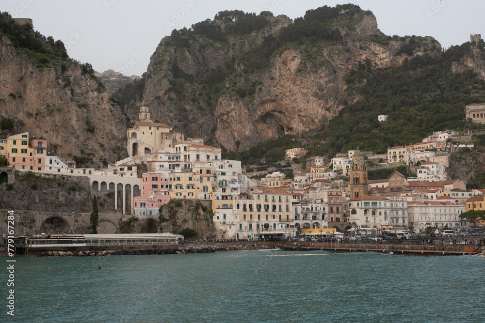 Panoramic view of beautiful Amalfi on hills leading down to coast, Campania, Italy. Amalfi coast is most popular travel and holiday destination in Europe - 02 Panoramic view of beautiful Amalfi on hills leading down to coast, Campania, Italy. Amalfi coast is most popular travel and holiday destination in Europe - 02