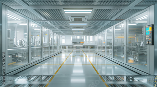 An advanced semiconductor fabrication plant with cleanrooms, wafer processing equipment, and automated material handling systems, momentarily idle but ready to produce computer chips