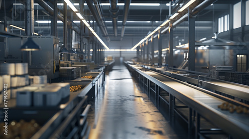 A busy food processing facility with conveyor belts, mixing tanks, and packaging lines, currently empty but poised to produce a variety of food products