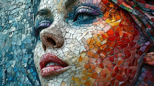 Colorful mosaic of a woman s face. There is a slight smile on the woman s face.