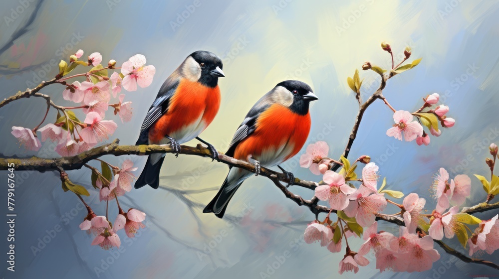 Two bullfinches sitting on a cherry blossom branch. Birds sit close to each other. The background is sky blue. Two bullfinches sitting on a cherry blossom branch. Birds sit close to each other. The background is sky blue.