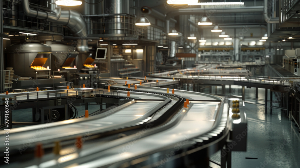 A busy food processing facility with conveyor belts, mixing tanks, and packaging lines, currently empty but poised to produce a variety of food products
