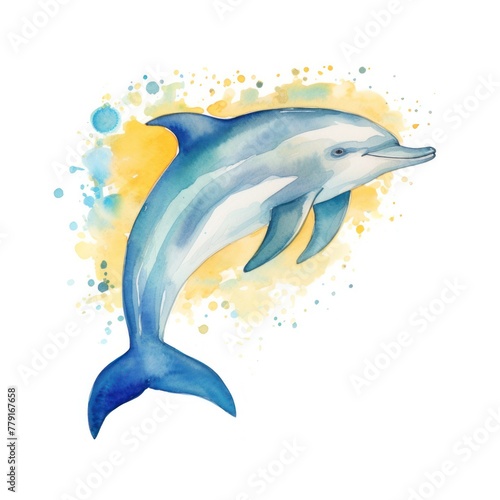 Blue dolphin on a yellow watercolor background.