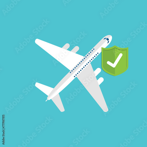 Travel insurance concept. Airplane with travel insurance policy shield.	