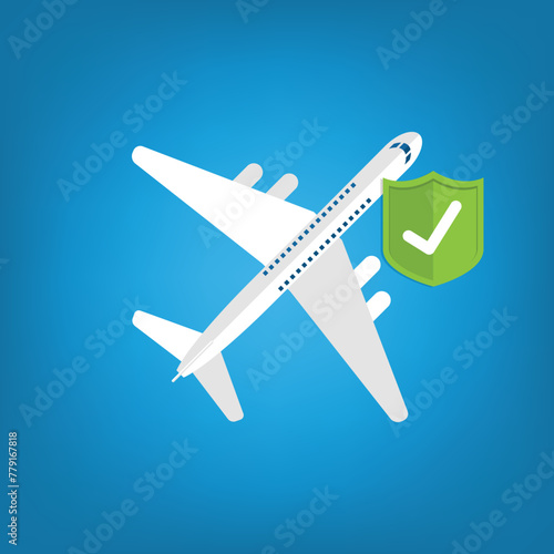Travel insurance concept. Airplane with travel insurance policy shield.	