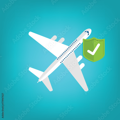 Travel insurance concept. Airplane with travel insurance policy shield.	