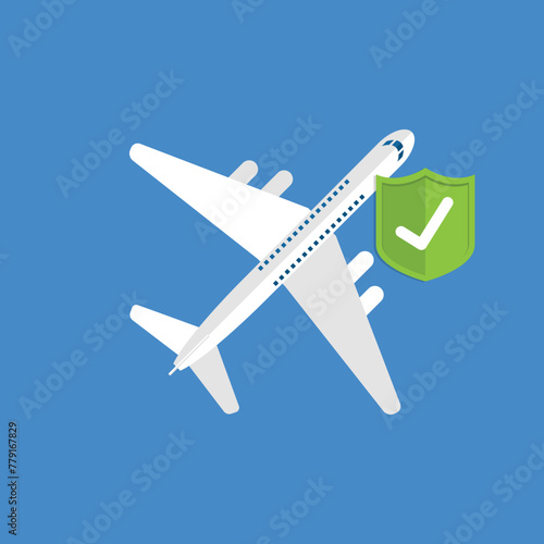 Travel insurance concept. Airplane with travel insurance policy shield.	
