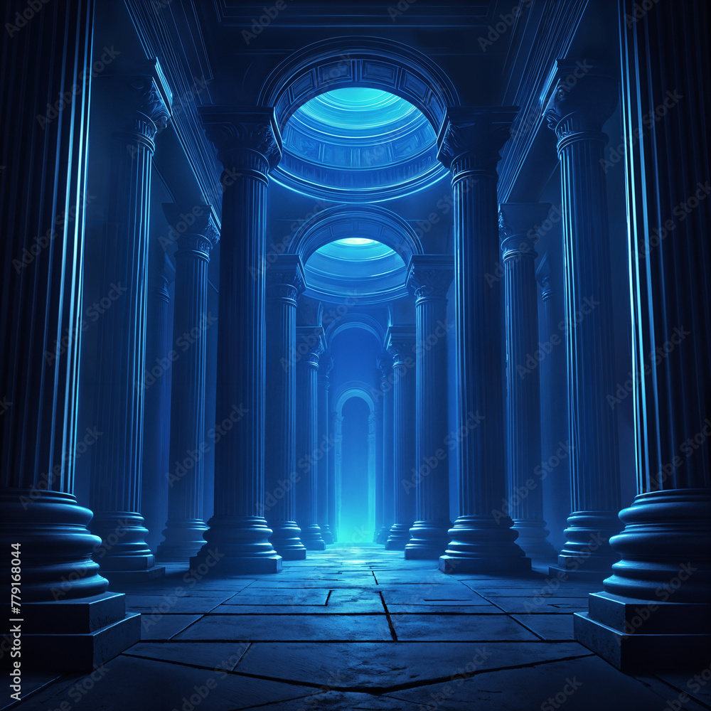 A large and empty fantasy temple with many columns. The columns are spaced out and create an open and spacious atmosphere.
