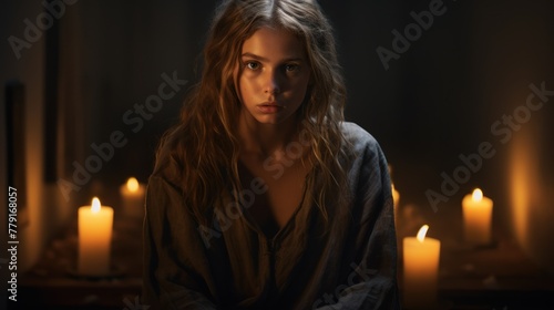 A woman with unkempt hair sits in a dark room with lit candles around her.