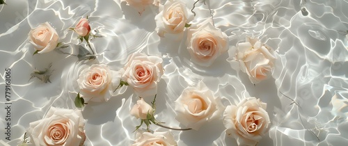 Pastel peach color roses in water, creative bridal floral background.