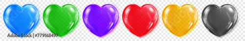 Set of beautiful translucent shiny hearts in various vibrant colors with soft shadows behind them, isolated on transparent background. Transparency only in vector format